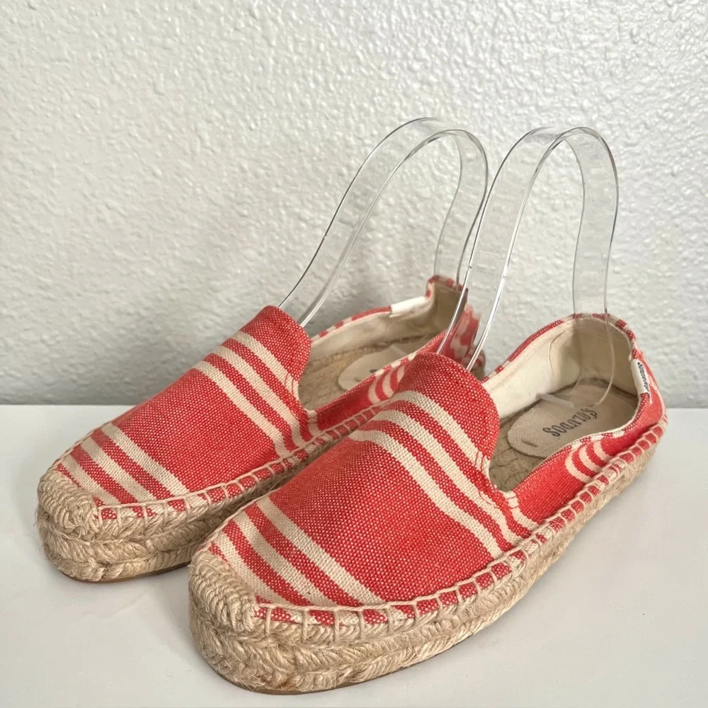 Soludoes Espadrille Slip On Coral White Striped Canvas Shoes Size 6